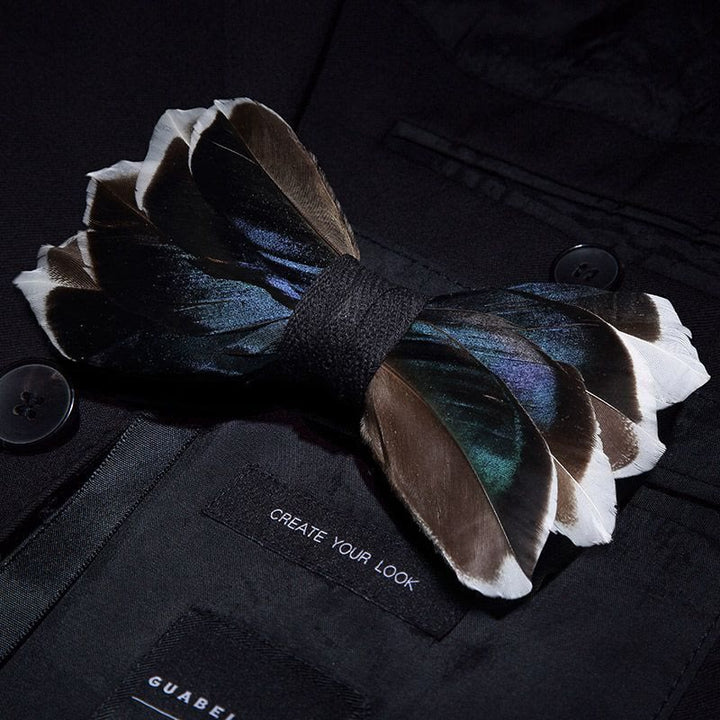 DarkBlue & Brown Graceful Feather Bow Tie with Lapel Pin - image 1