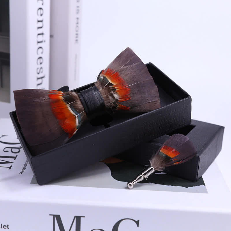 Brown & Orange Feather Bow Tie with Lapel Pin - image 1