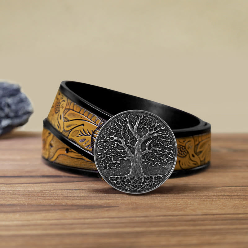 Men's DIY Tree of Life Round Buckle Leather Belt - Silver - SandyBrown Belt (40) - image 21