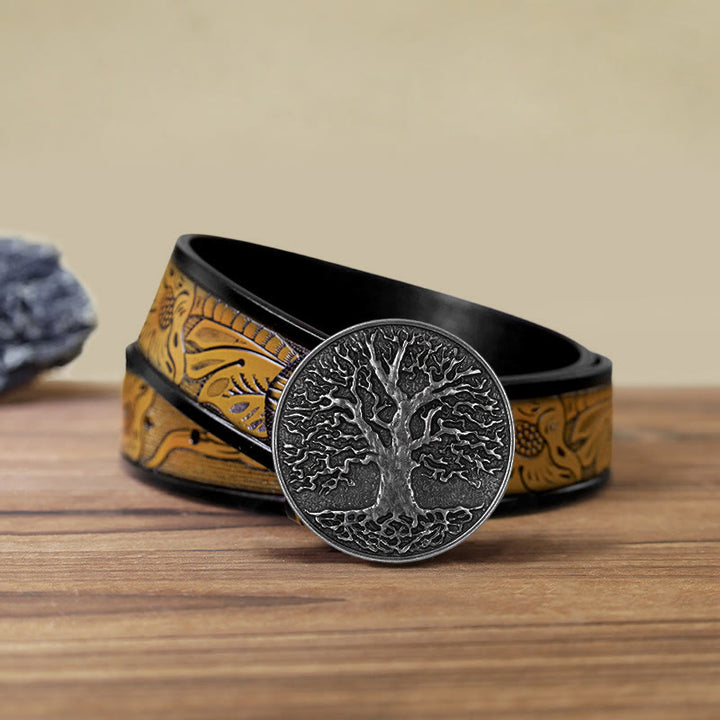 Men's DIY Tree of Life Round Buckle Leather Belt - Silver - SandyBrown Belt (40) - image 21
