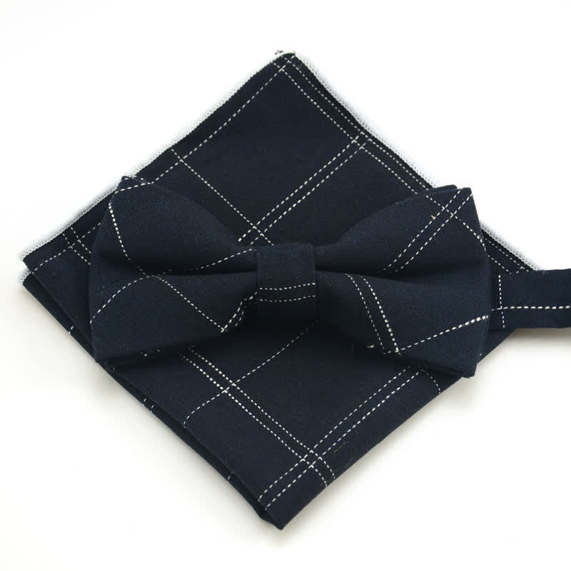 2Pcs Men's Classic Plaid Bow Tie Set - Navy - image 3