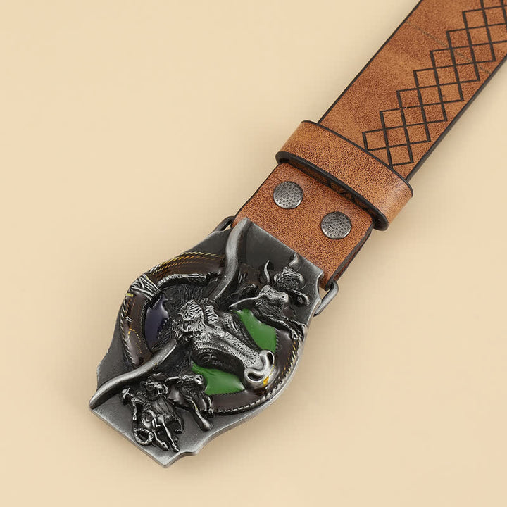 Men's Carved Cattle Longhorn Bull Leather Belt - image 1