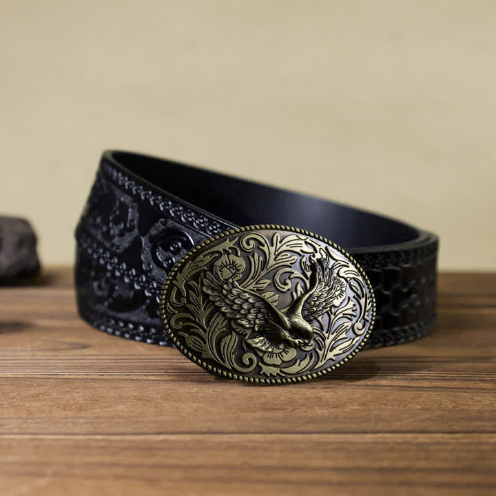Men's DIY Animal Flying Eagle Buckle Leather Belt - Antique Bronze - Black Carved Belt (40) - image 15