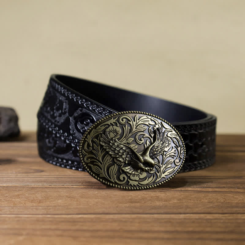 Men's DIY Animal Flying Eagle Buckle Leather Belt - Antique Bronze - Black Carved Belt (40) - image 15