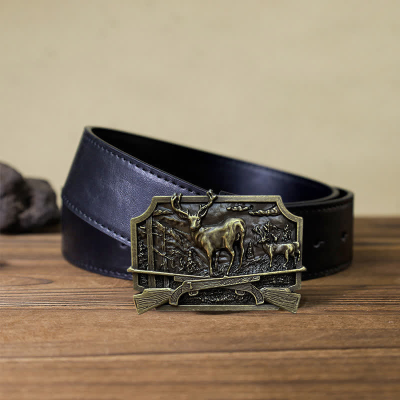 Men's DIY Deer Shotgun Hunter Buckle Leather Belt - Antique Bronze - Black PU Belt (40) - image 5