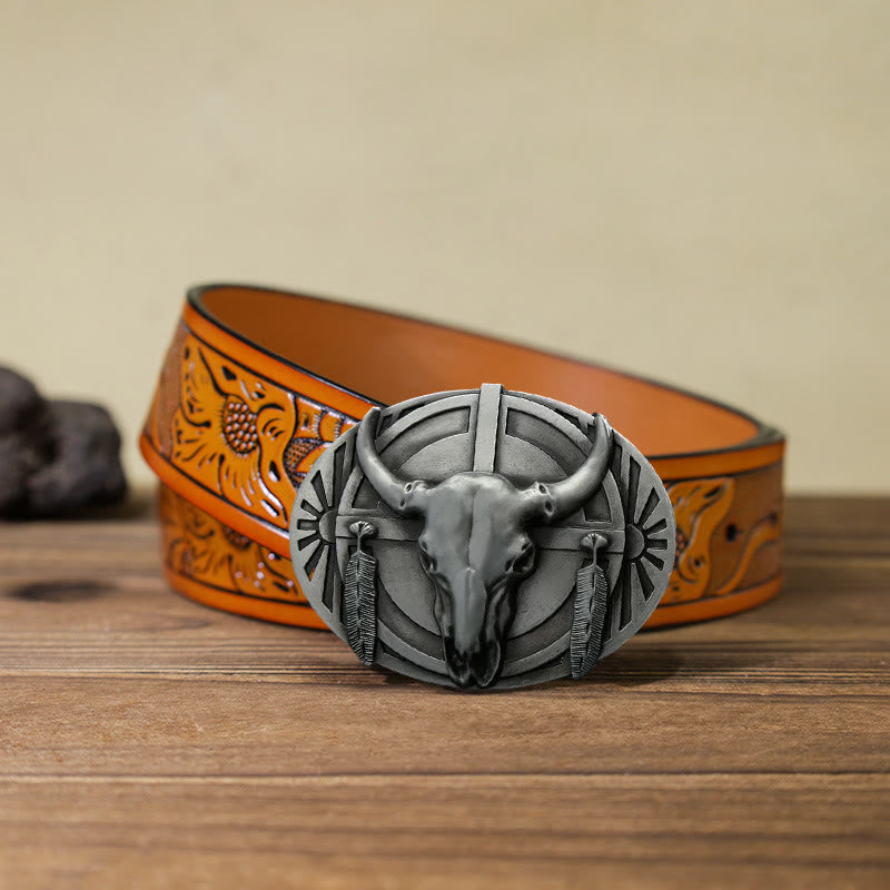 Men's DIY Buckle Leather Belt - Silver - Orange Carved Belt (40) - image 23