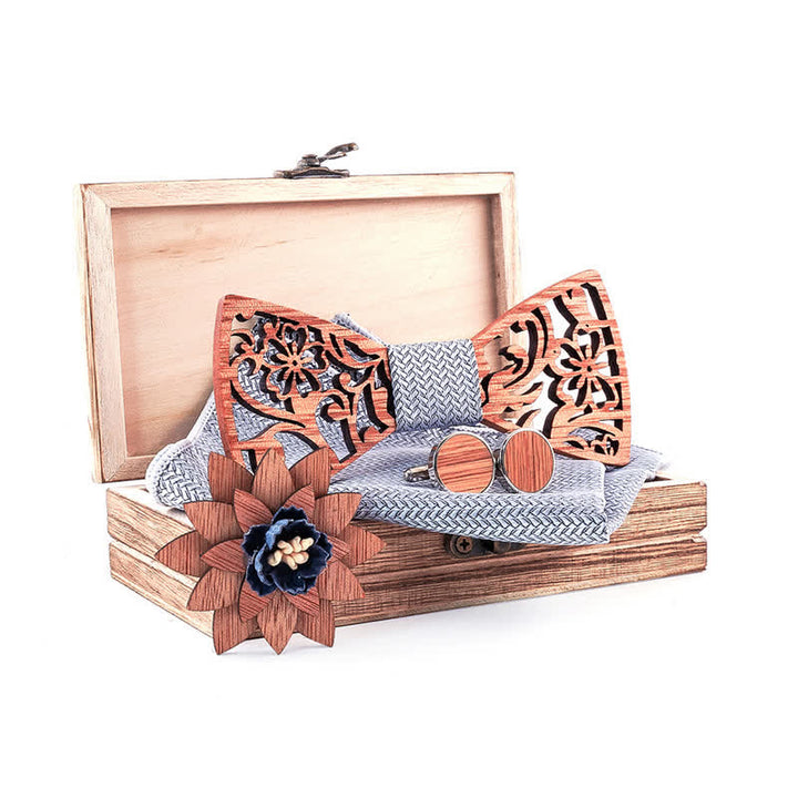 4pcs Men's Hollow Floral Wooden Bow Tie Set - image 1