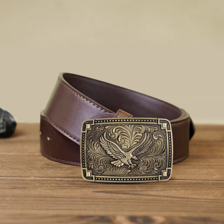 Men's DIY Soaring Eagle In Dreamy Sky Buckle Leather Belt - Antique Bronze - Brown PU Belt (40) - image 11