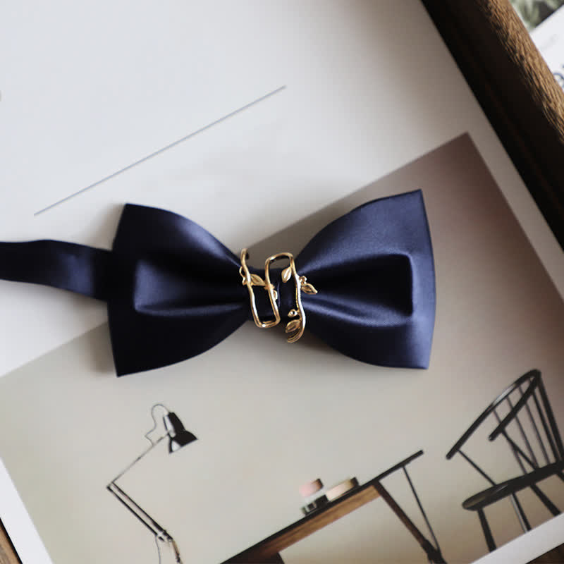Men's Gold Vine Leaf Silky Sateen Bow Tie - Navy - image 10