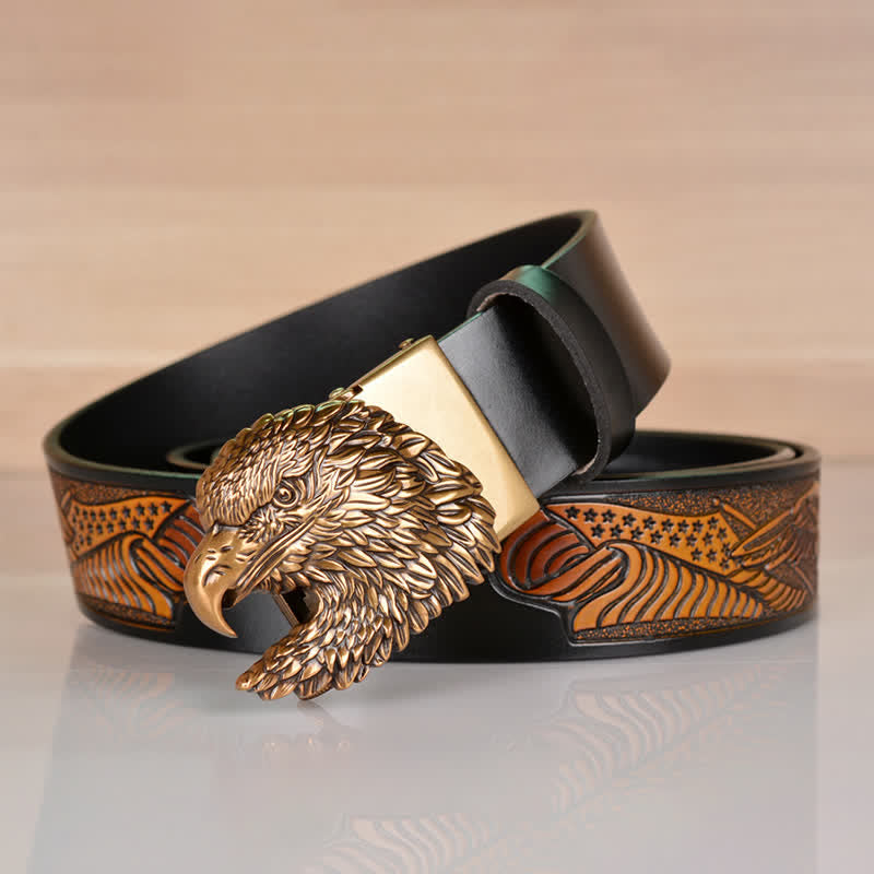 Men's Intricate Eagle Head Automatic Buckle Leather Belt - image 2
