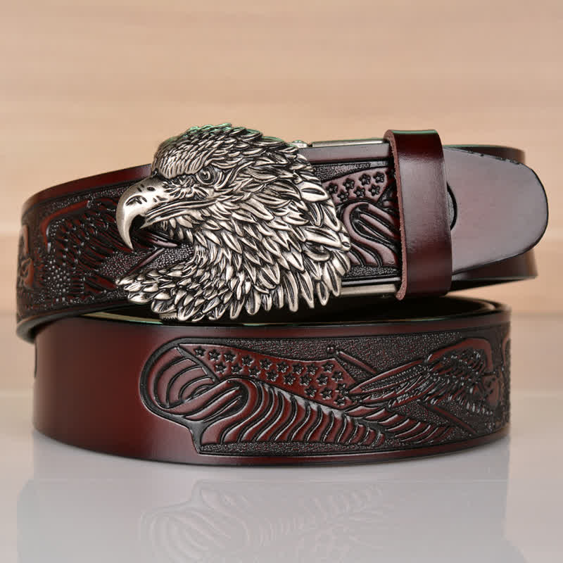 Men's Intricate Eagle Head Automatic Buckle Leather Belt - Coffee / Silver - 46 - image 19