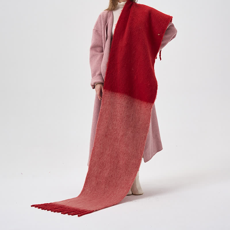 Women's Winter Simple Two-Tone Fringe Scarf - Red - image 7
