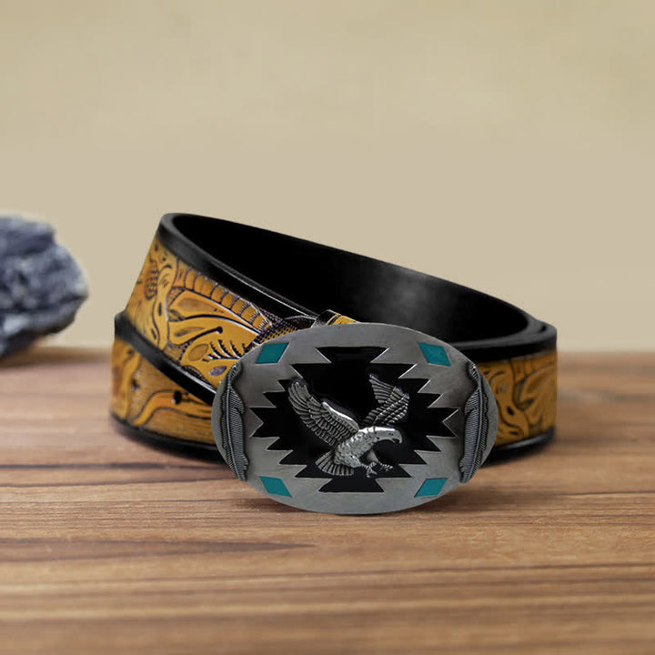 Men's DIY Western Flying Eagle Buckle Leather Belt - Eagle - SandyBrown Belt (40) - image 13