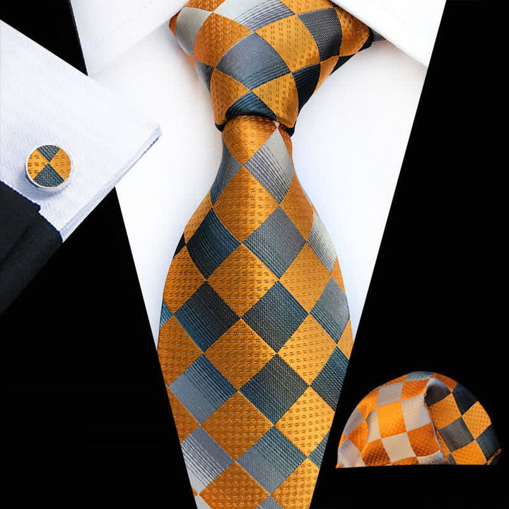 3Pcs Men's Contrast Color Checkerboard Necktie Set - Yellow - image 4