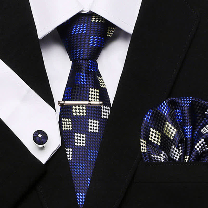 4Pcs Blue & Yellow Men's Modern Plaid Necktie Set - Blue & Yellow - image 0
