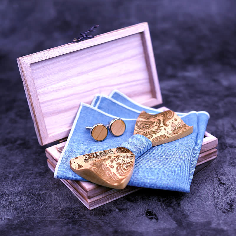 3Pcs Men's Carving Paisley Wooden Bow Tie Set - image 5