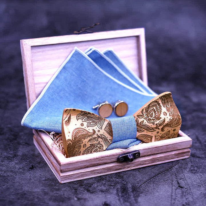 3Pcs Men's Carving Paisley Wooden Bow Tie Set - image 4