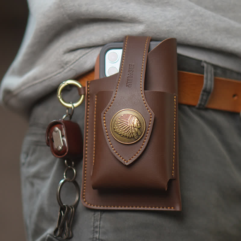Retro Brass Magnetic Snap Button Cell Phone Belt Bag - Brown - image 7