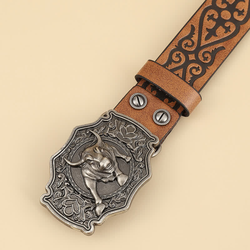 Men's Yak Matador Bull Engraved Floral Leather Belt - image 1