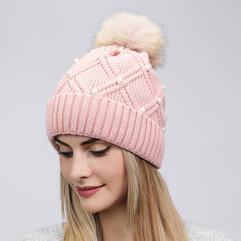 Women's Cute Pearls Deor Pompoms Stretchy Knitted Hat - Pink - Adjustable (21 5/8"-23 5/8") - image 2