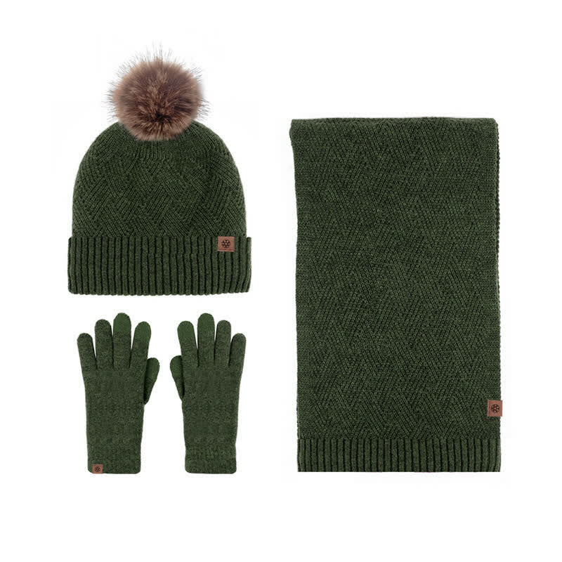 3Pcs Women's Pompom Woven Hat Scarf Touchscreen Gloves Set - Army Green - Adjustable (Approx. 21 1/4"-23 1/4") - image 12