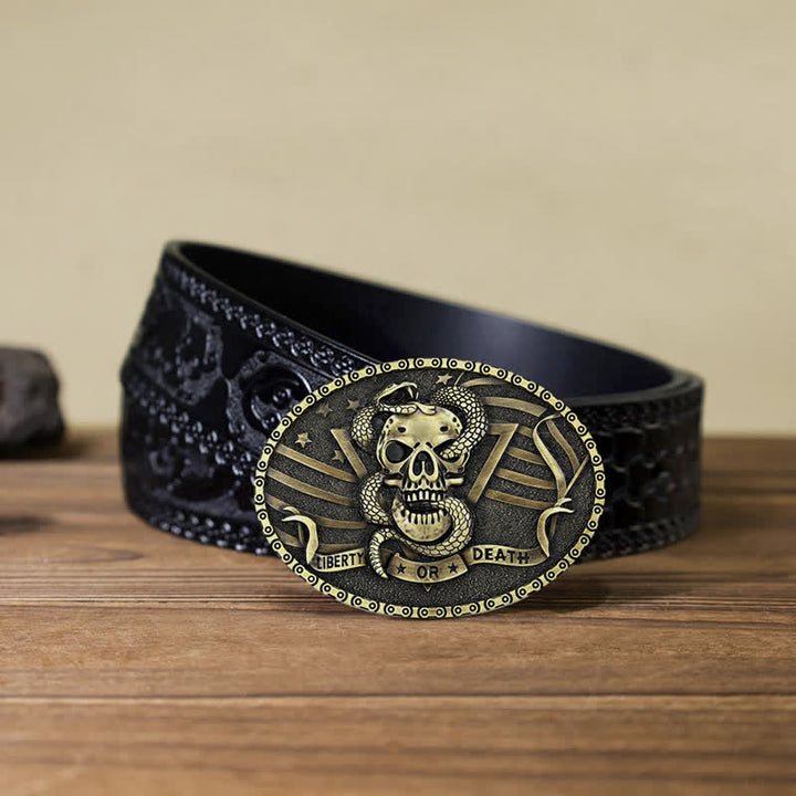 Men's DIY "Liberty or Death" Snake Skull Buckle Leather Belt - Antique Bronze - Black Carved Belt (40) - image 16