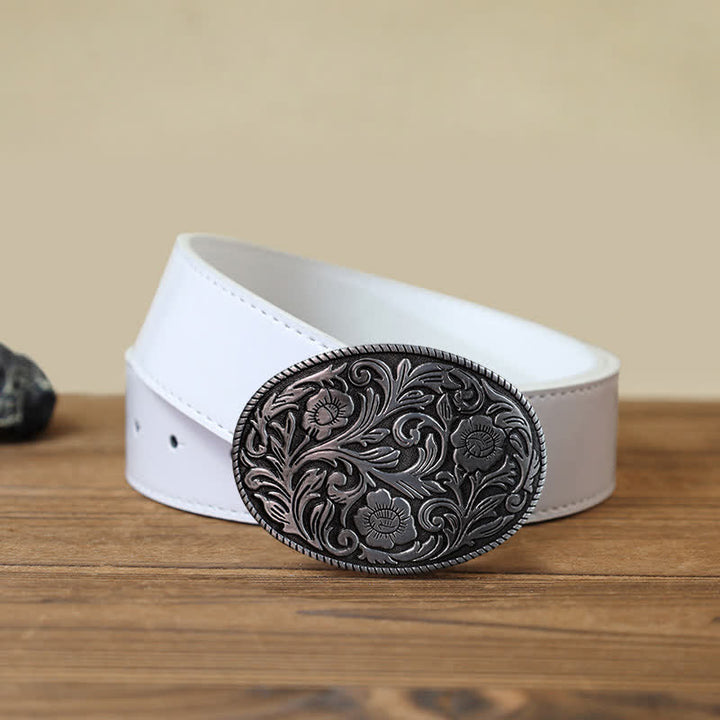 Men's DIY Classical Floral Oval Buckle Leather Belt - Antique Silver - White PU Belt (40) - image 6