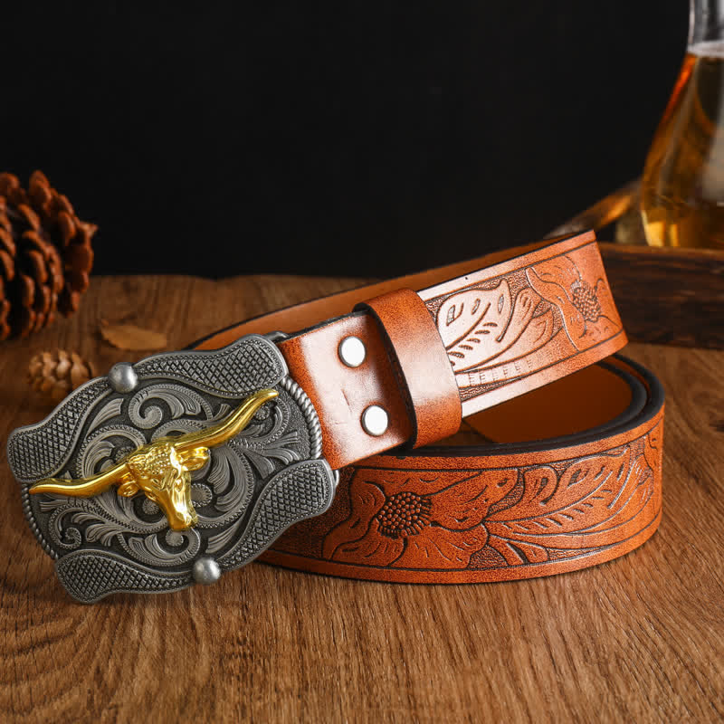 Men's Square Golden Longhorn Bull Leather Belt - Style #5 - 42 - image 8