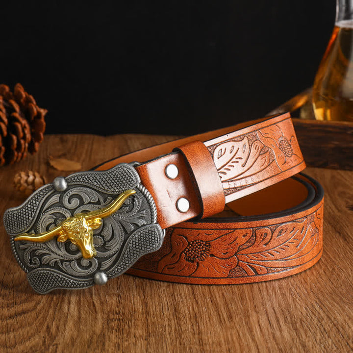 Men's Square Golden Longhorn Bull Leather Belt - Style #5 - 42 - image 8