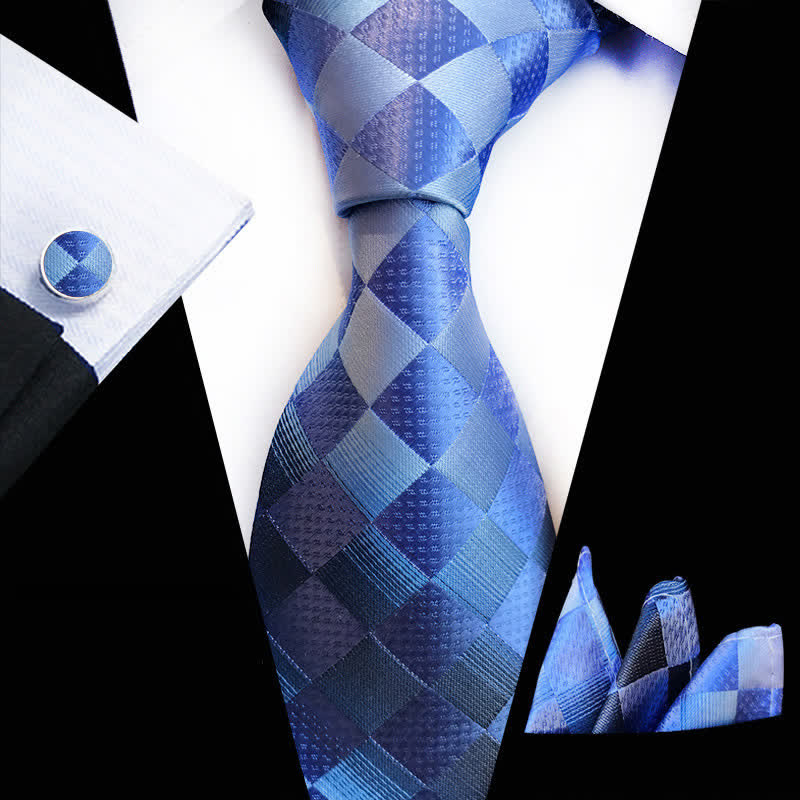 3Pcs Men's Contrast Color Checkerboard Necktie Set - Blue - image 1