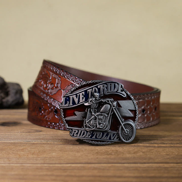 Men's DIY Skull Biker Live to Ride Buckle Leather Belt - Skull Biker - Brown Carved Belt (40) - image 10