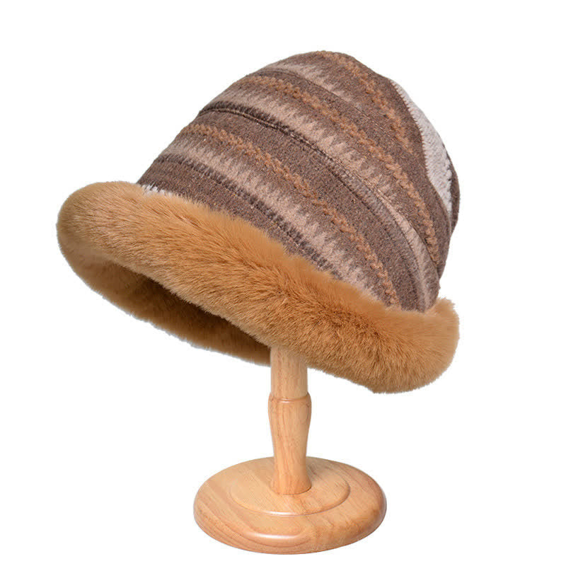 Women's Striped Warm Plush Brim Bucket Hat - Khaki - M (22 1/2"-22 7/8") - image 1
