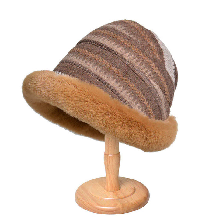 Women's Striped Warm Plush Brim Bucket Hat - Khaki - M (22 1/2"-22 7/8") - image 1