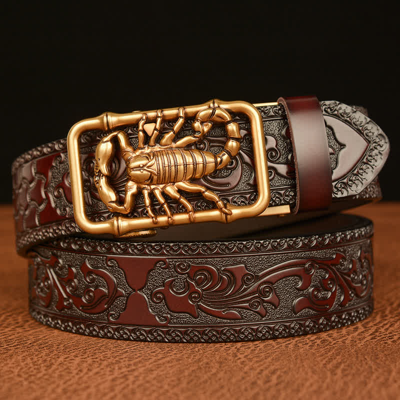 Men's Scorpion Embossed Engraved Leather Belt - Gold & Brown - 46 - image 9