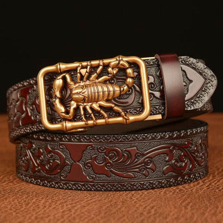 Men's Scorpion Embossed Engraved Leather Belt - Gold & Brown - 46 - image 9
