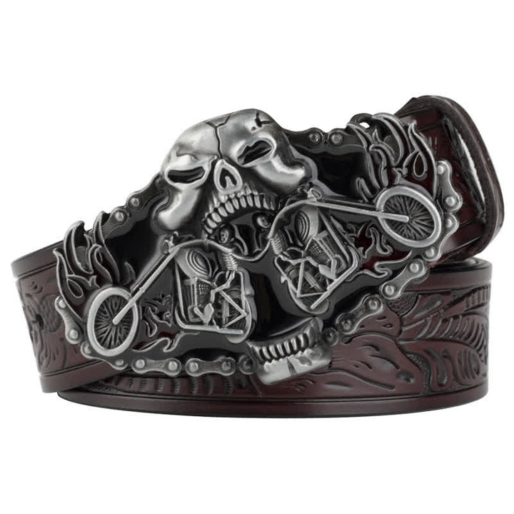 Men's Gothic Motorcycle Ghost Head Leather Belt - Coffee / Silver - 46 - image 2