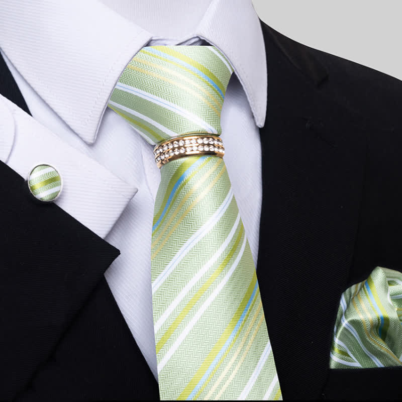 4Pcs Men's Striped Necktie Set With Tie Ring - Green Yellow - image 7