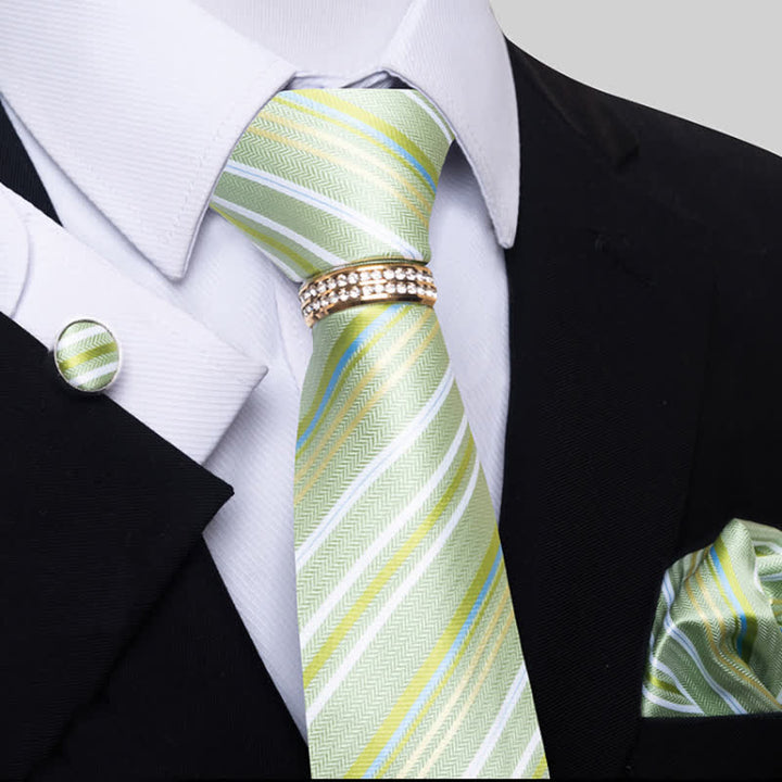4Pcs Men's Striped Necktie Set With Tie Ring - Green Yellow - image 7