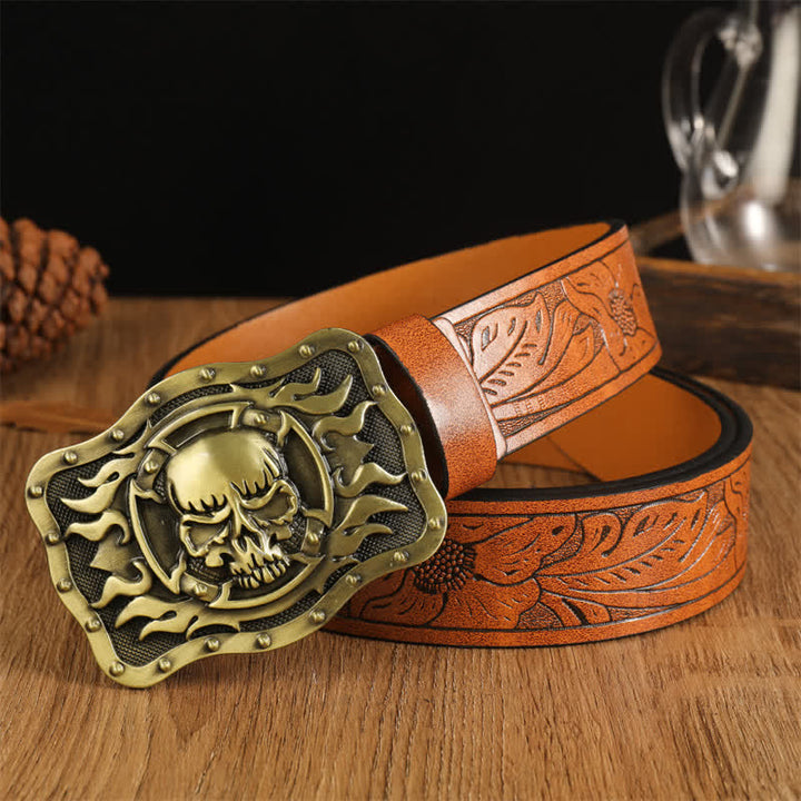Men's Trendy Skull Head Flame Leather Belt - Brown #3 - 42 - image 3