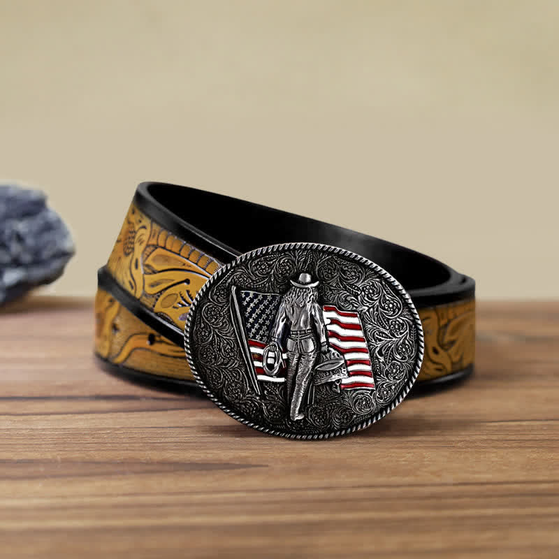 Men's DIY Cowboy American Flag Buckle Leather Belt - Antique Silver - SandyBrown Belt (40) - image 18