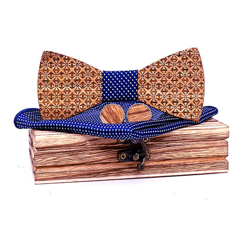 3Pcs Men's Christmas Snowflakes Wooden Bow Tie Set - Navy Line - image 8