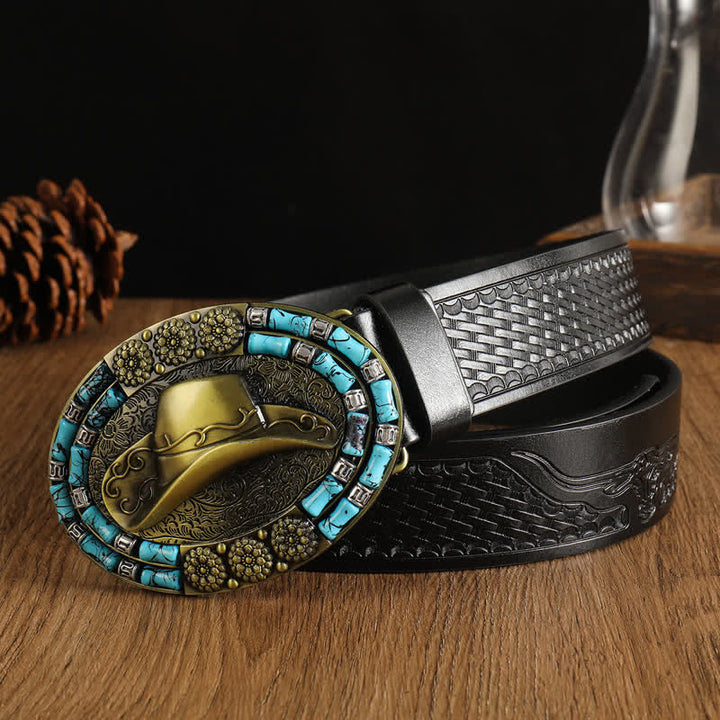 Men's Cowboy Gold Hat Turquoise Decor Leather Belt - Black #3 - 42 - image 8