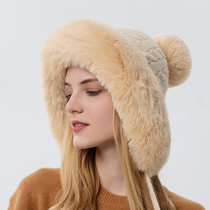 Women's Triple Pompoms Thickened Warm Knitted Hat - Beige - Adjustable (21 5/8"-23 5/8") - image 3