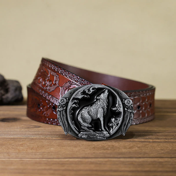 Men's DIY Enamel Domineering Howling Wolf Buckle Leather Belt - Black - Brown Carved Belt (40) - image 17