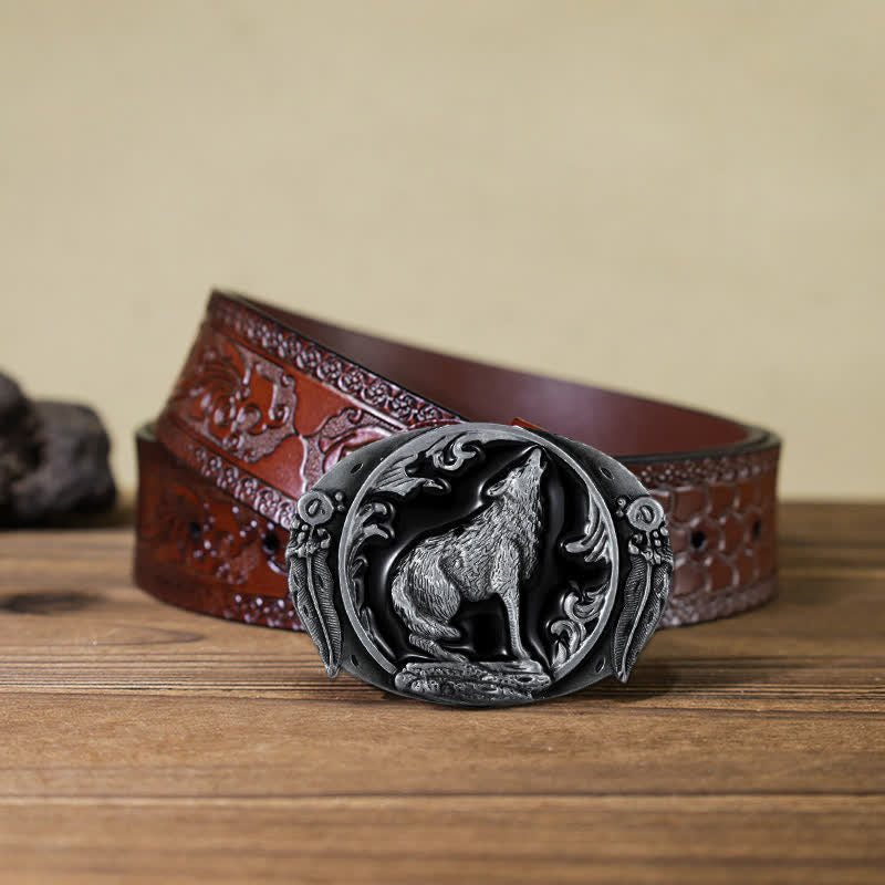 Men's DIY Enamel Domineering Howling Wolf Buckle Leather Belt - Black - Brown Carved Belt (40) - image 17