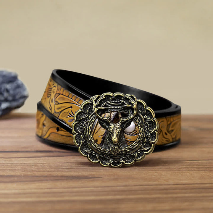 Men's DIY Hollow 3D Elk Antler Buckle Leather Belt - Antique Bronze - SandyBrown Belt (40) - image 20