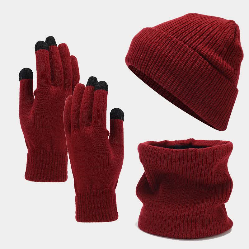3Pcs Unisex Solid Color Twill Hat Scarf Gloves Set - Burgundy - Adjustable (Approx. 22"-22 7/8") - image 4