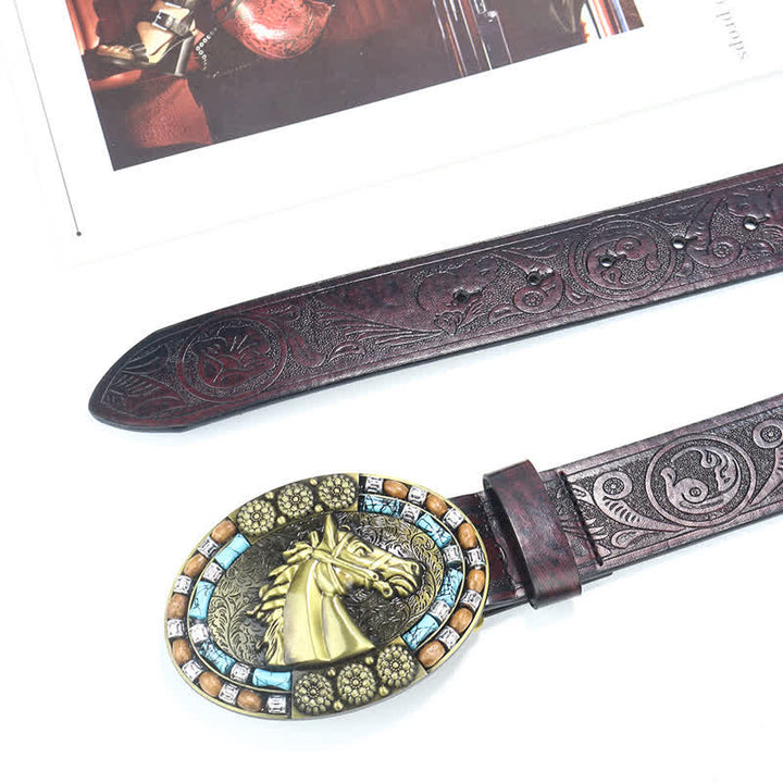Men's Cowboy Horse Head Turquoise Leather Belt - image 3