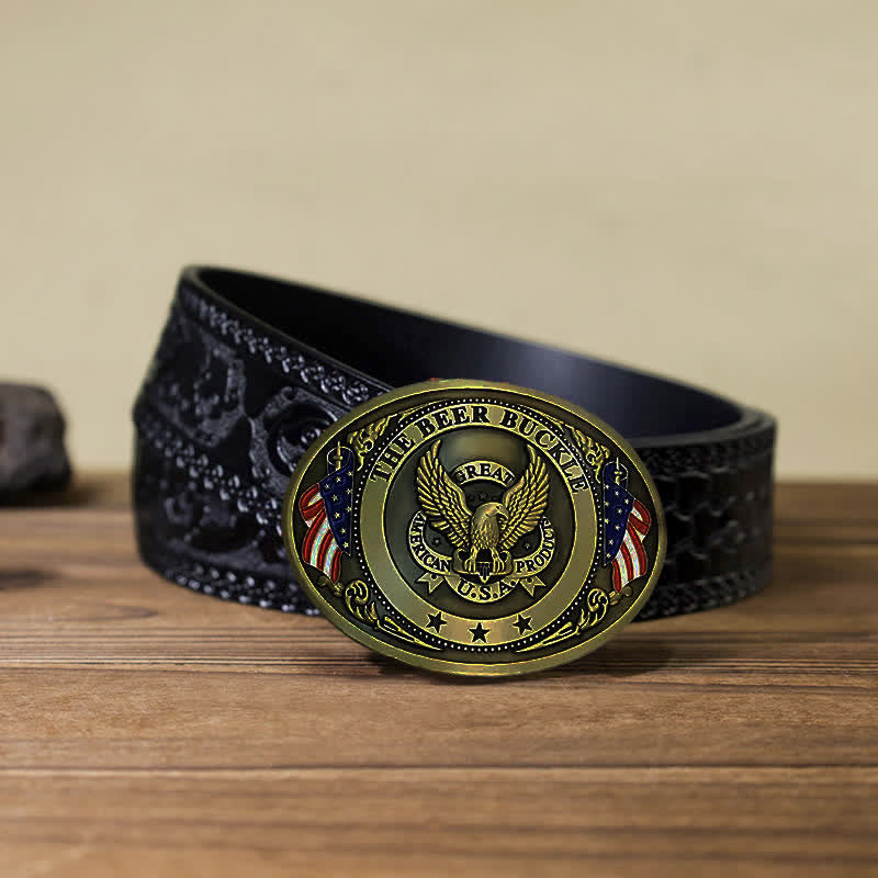 Men's DIY Eagle USA Flag Creative Beer Holder Buckle Leather Belt - Bronze - Black Carved Belt (40) - image 21
