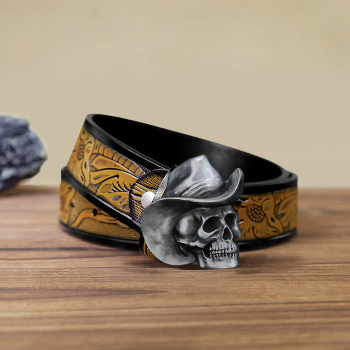 Men's DIY Creative Skull Head With Hat Buckle Leather Belt - Skull Head - SandyBrown Belt (40) - image 13
